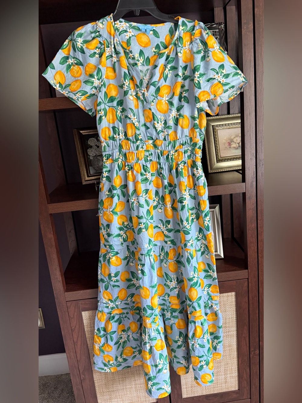 Draper James Blue Lemon Print 100% Linen Maxi Dress